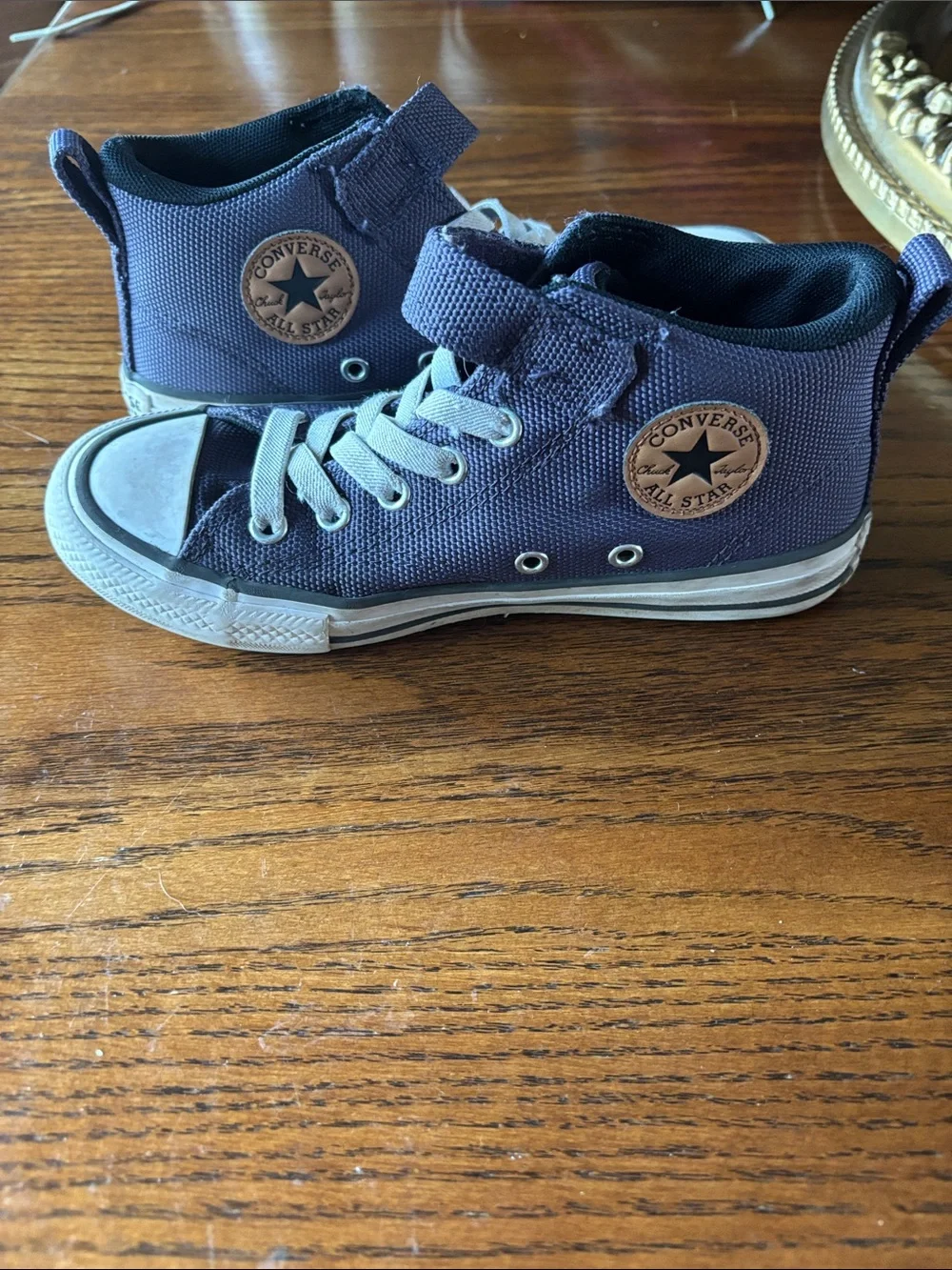 Converse Kids Navy Canvas High-Top Sneakers with Tan Patch Velcro Closure Size 2
